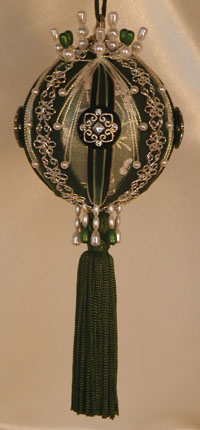 Deep Hunter Green Victorian Christmas Ornament, black inlaid rhinestone button and Swarovski Crystals