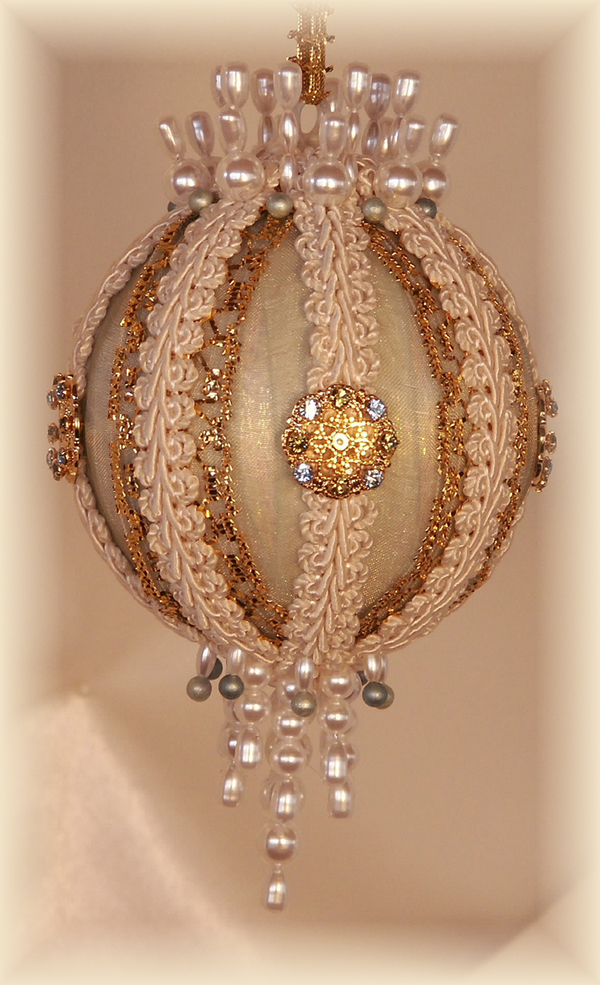 Victorian Ornaments ivory white and gold with tassels and Swarovski Crystals