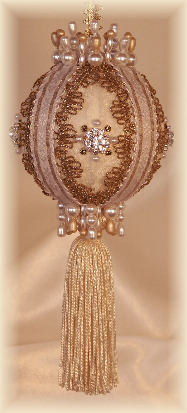 Victorian Ornaments ivory white and gold with tassels and Swarovski Crystals