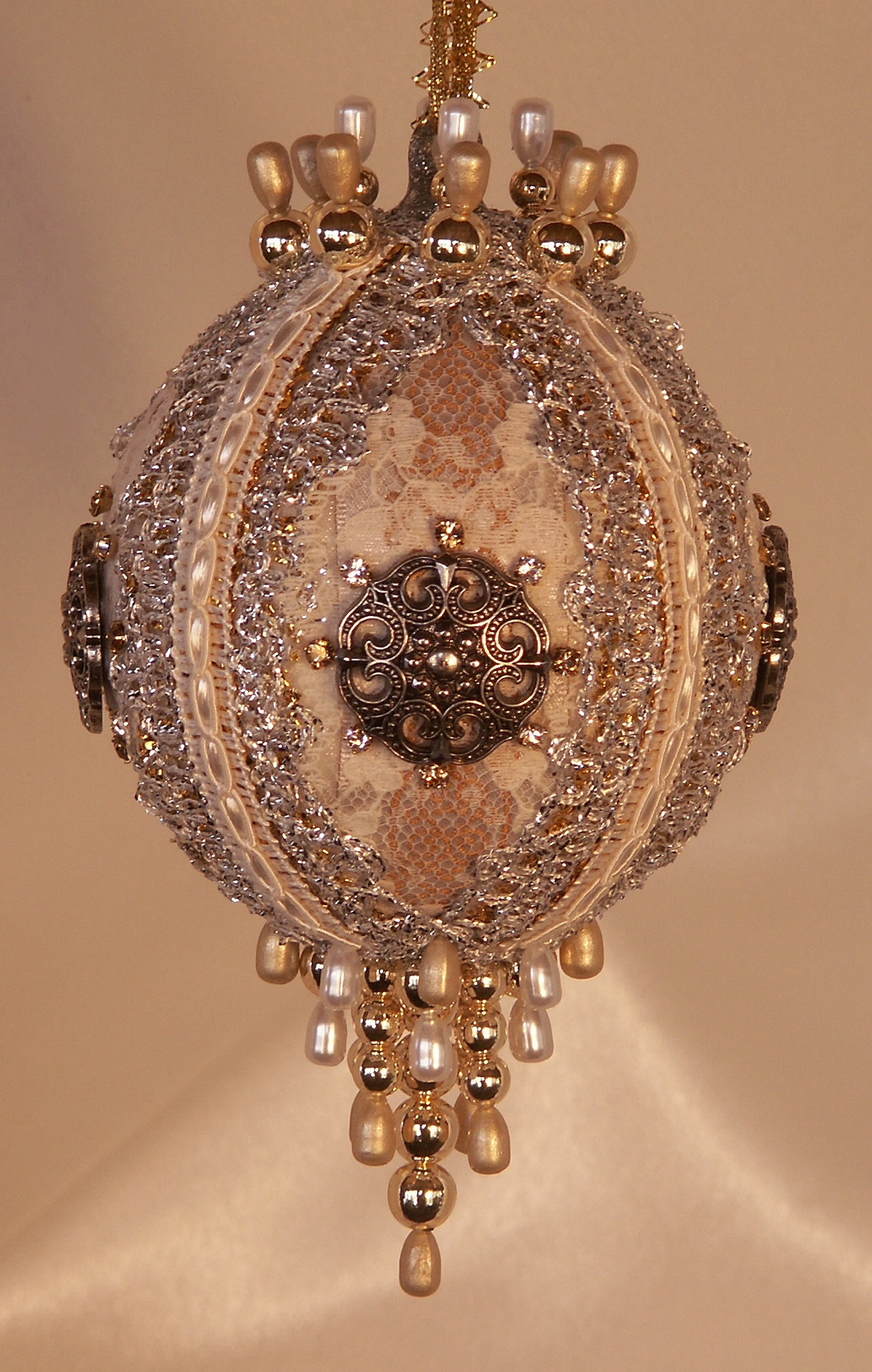Victorian Ornaments ivory white and gold with tassels and Swarovski Crystals