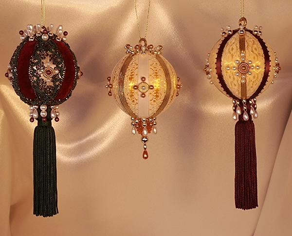 Set of three burgundy, gold and hunter green Christmas tree ornaments