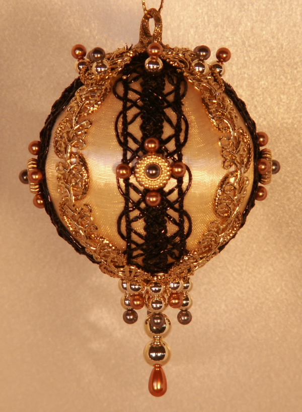 Champagne Base and a Glossy Black open weave brocade on these gorgeous Christmas Ornaments
