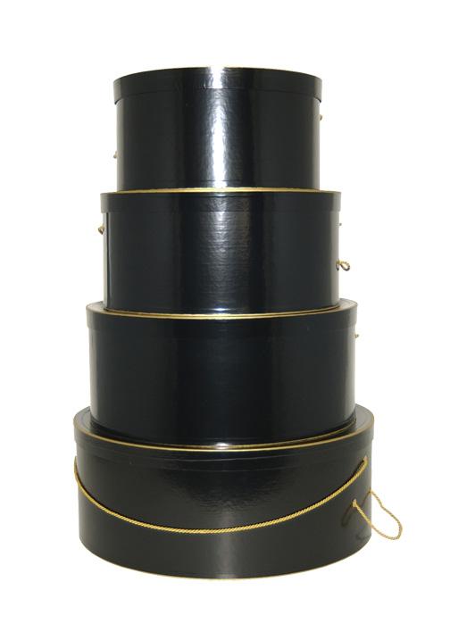 Glossy Black set of hatboxes. Hat Box set of four sizes Black with Gold Trim
