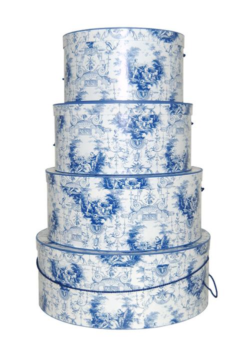 Blue Toile gives the Victorian hatbox look to this popular color scheme of four nested hatboxes