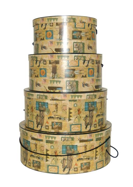 Hatboxes for the Golfer in your life or for your own enjoyment, Four nested hatboxes in a Vintage Golf Fashion design