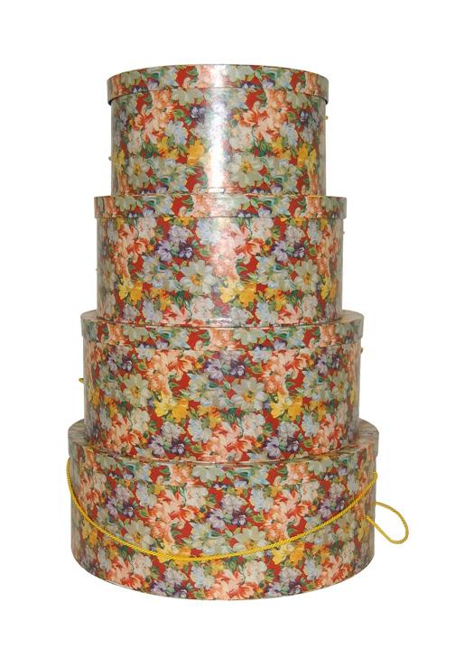 Hatboxes in a nested set of four Vintage inspired pattern Cranberry Floral