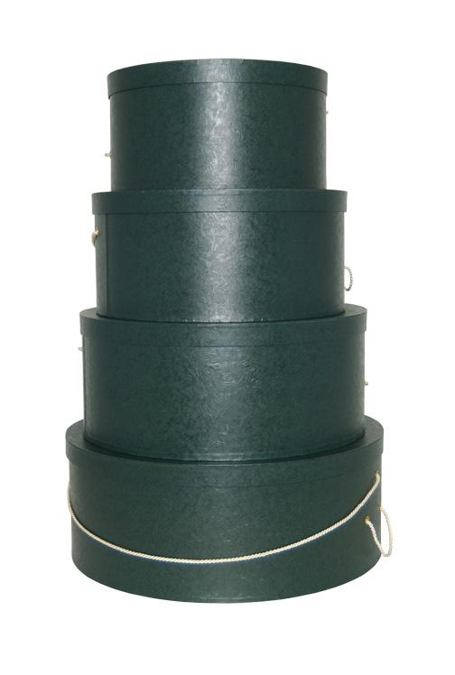 Hat Boxes, a nested set of Vintage style hatboxes in a rich Evergreen hue, set includes 18 inch hatbox, 16 inch hatbox, 14 inch hatbox, and 12 inch hatbox