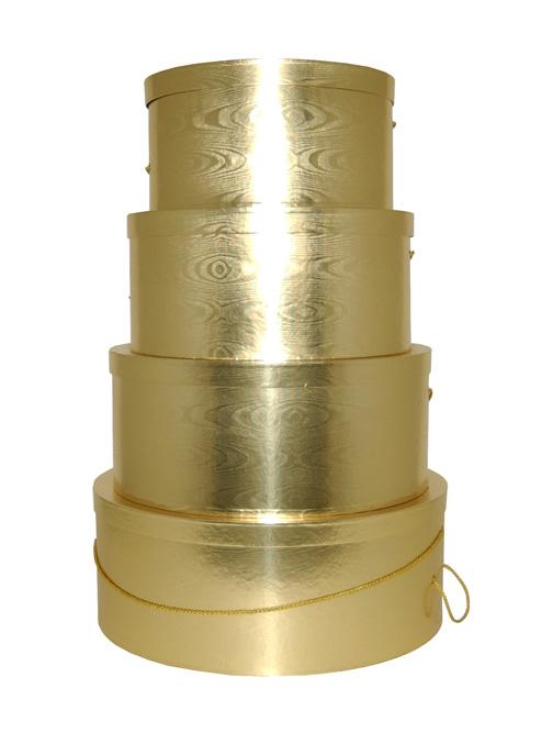 Shiny Gold Hatboxes in four sizes from extra large to small, beautiful for weddings or special events