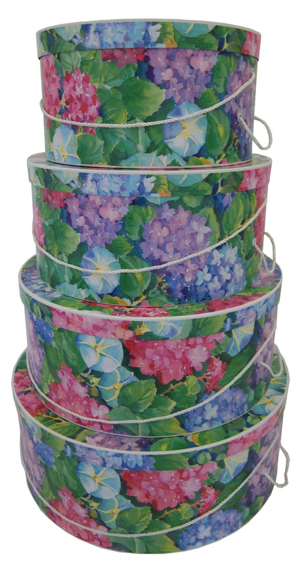 Hydrangea Blooms in gorgeous blue and pink jump out at you on this gorgeous nested set of four hatboxes