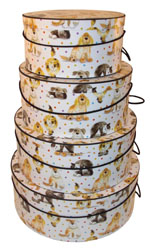 A Pet Lovers set of hatboxes with cute cats and pups scampering all over it