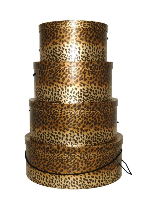 Set of four gorgeous hatboxes in Metallic Leopard pattern, great for decorative storage, hat boxes to purchase individually or in sets