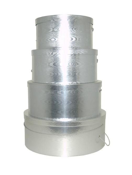 Silver Moire hatboxes, extra Large, large, medium and small in a nested set of four hat boxes