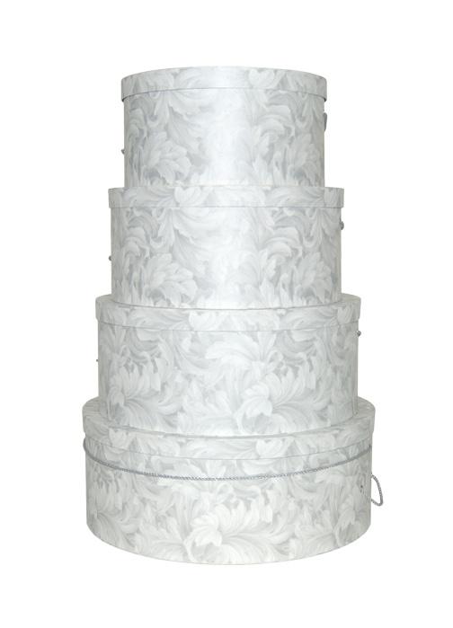 Silver and White Scroll Pattern this is a beautiful set of hatboxes, versatile and decorative, purchase individually or in sets