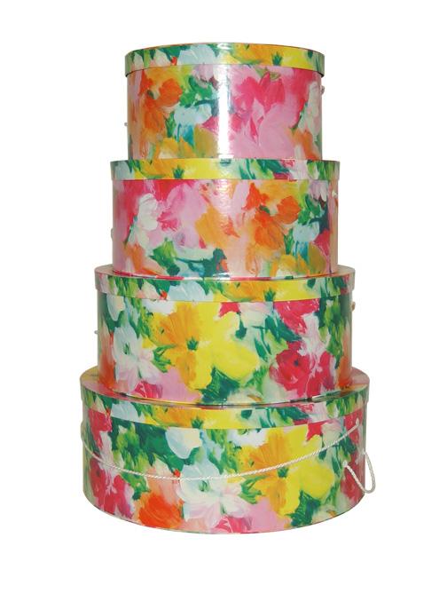 Bright tropical colors in this summer floral patterned beautiful hatboxes in a nested set of four or purchase separately extra large, large, medium or small size hat box