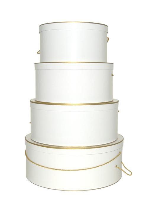 Weddings and Anniverary gifts or centerpieces this set of nested white with gold trim hatboxes are just perfect