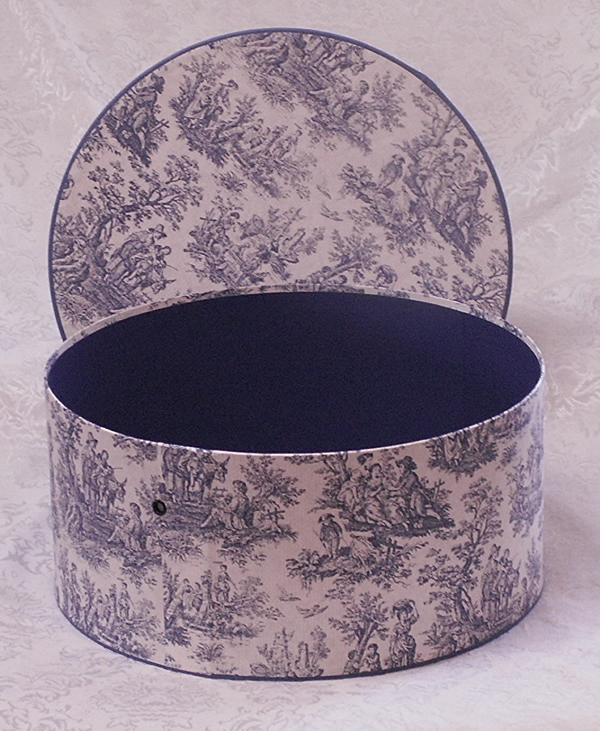 Hatboxes for Retail Display in Blue Toile Design with dark blue interior