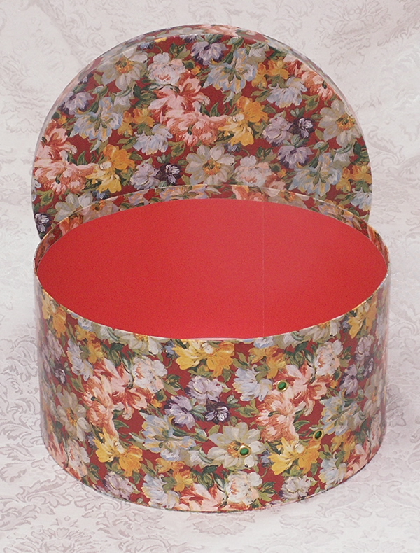 Hatboxes for Retail Display in Cranberry Floral Design with red interior