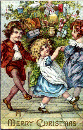 Vintage Art Children Dancing Around Christmas Tree
