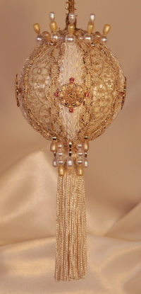 Rare and Vintage gold inlaid lace, circa 1850 reproduction button and Swarovski crystalsl on this beautiful Victorian ornament